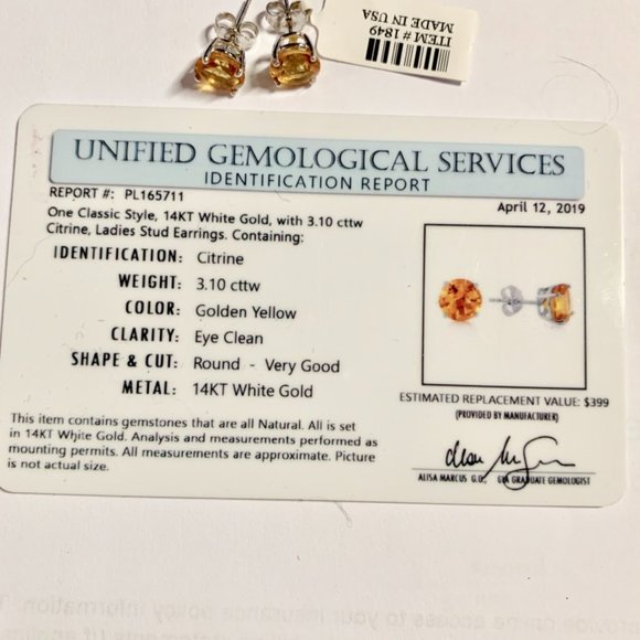 Women's Ladies Citrine (3.10) 14KT white Gold stud earrings, Yellow - Picture 3 of 3